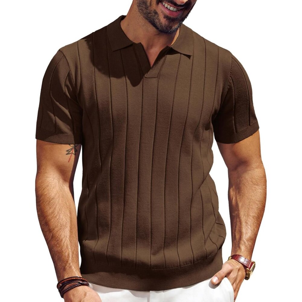💫 Men Brown Casual Knit Polos Short Sleeve V Neck Texture Fashion Style Shirt